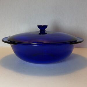 Vintage Anchor Hocking Round 2 Qt Casserole Baking Dish Cobalt Blue w/Lid 9 1/2”